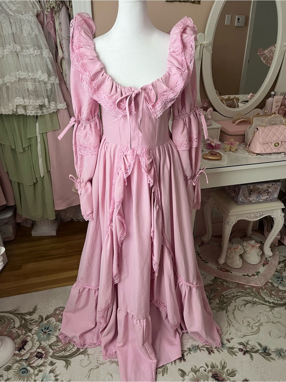 SHEIN Pink Ruffled Lace-Trim Maxi Dress - Picture 1 of 8